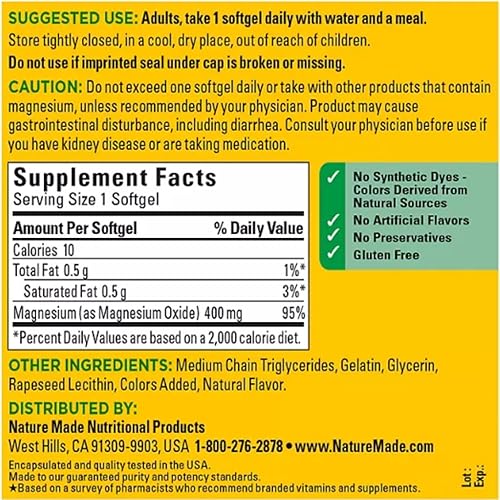 Miniatura 7 de Nature Made Magnesio 400 mg Óxido Extra Strength 180 cápsulas blandas, 180 días de suministro, 1 cápsula blanda diaria con agua y una comida,