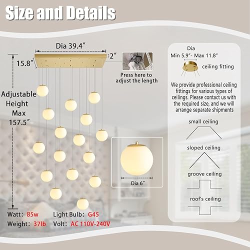 Miniatura 165 de Escalera LED de 10 luces LED moderna con globo de cristal, lámpara colgante grande para techos altos, accesorios de iluminación de entrada, villas y