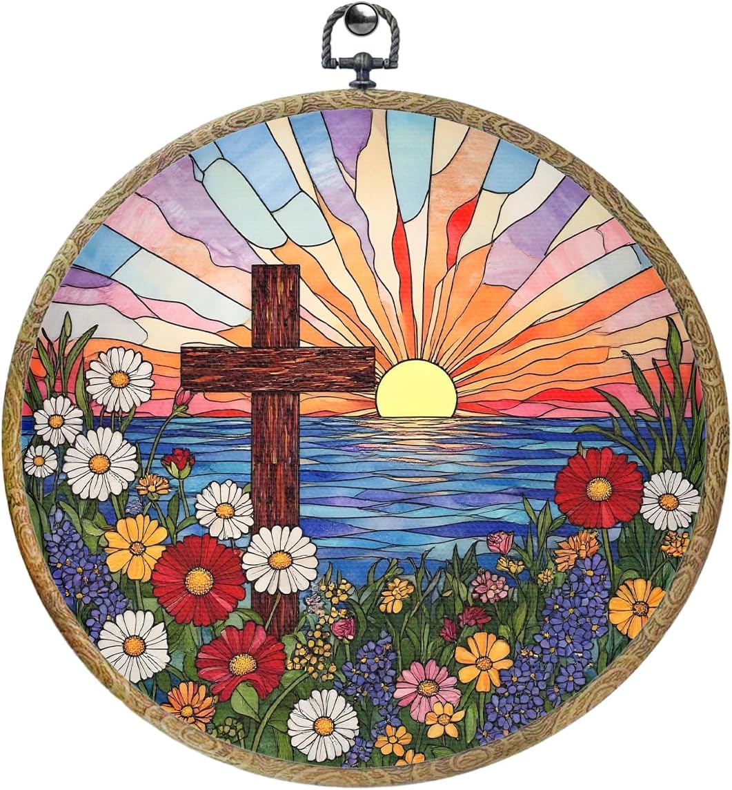 Inspiratonal Wildflower Cross Faith Christian Gifts for Women Men Religious Gifts Framed Round Wall Decor Canvas Wall Art Hanging Prints Artwork for Home Office Housewarming Party 10.2X10.2 Inch
