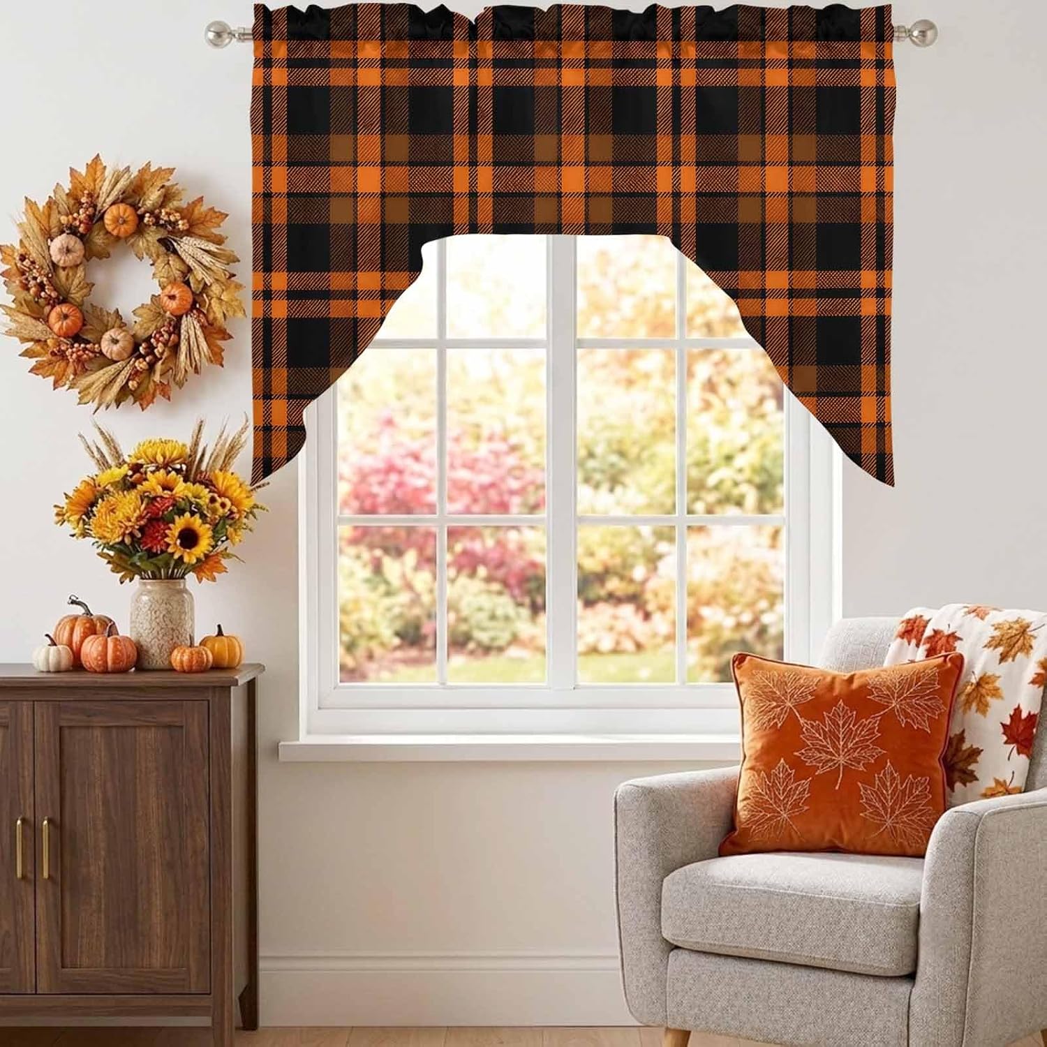 Black Orange Grid Swag Valances for Windows 56 x 36 Inch, Fall Minimalist Orange Dark Plaid Stripes Country Rod Pocket Light Filtering Window Topper for Kitchen Bathroom Bedroom Living Room
