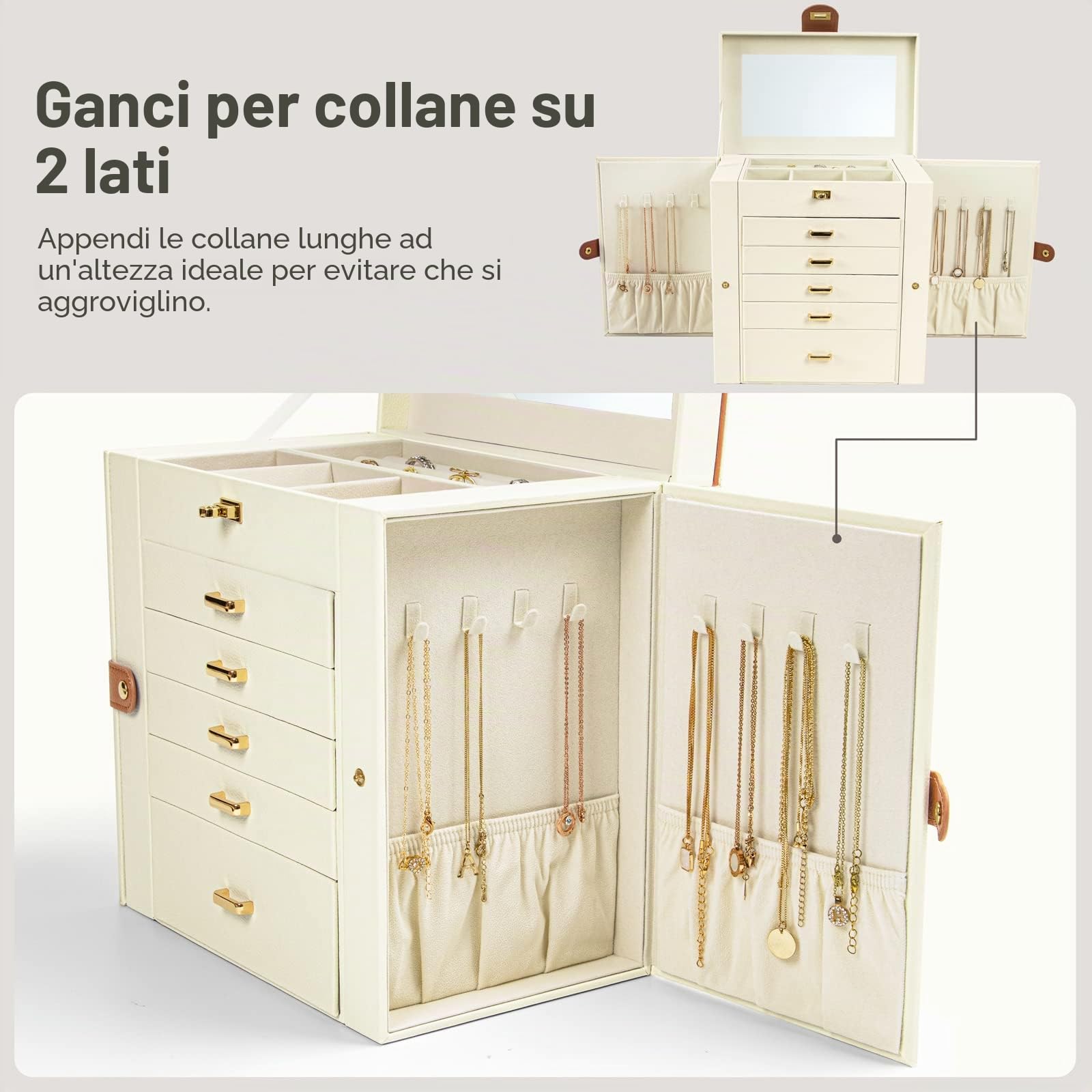 KAMIER Scatola portaoggetti e organizer per gioielli, 4 ripiani, con specchio e cassetti, organizer per gioielli per donne e ragazze, per anelli, collane, orecchini, bracciali, grigio