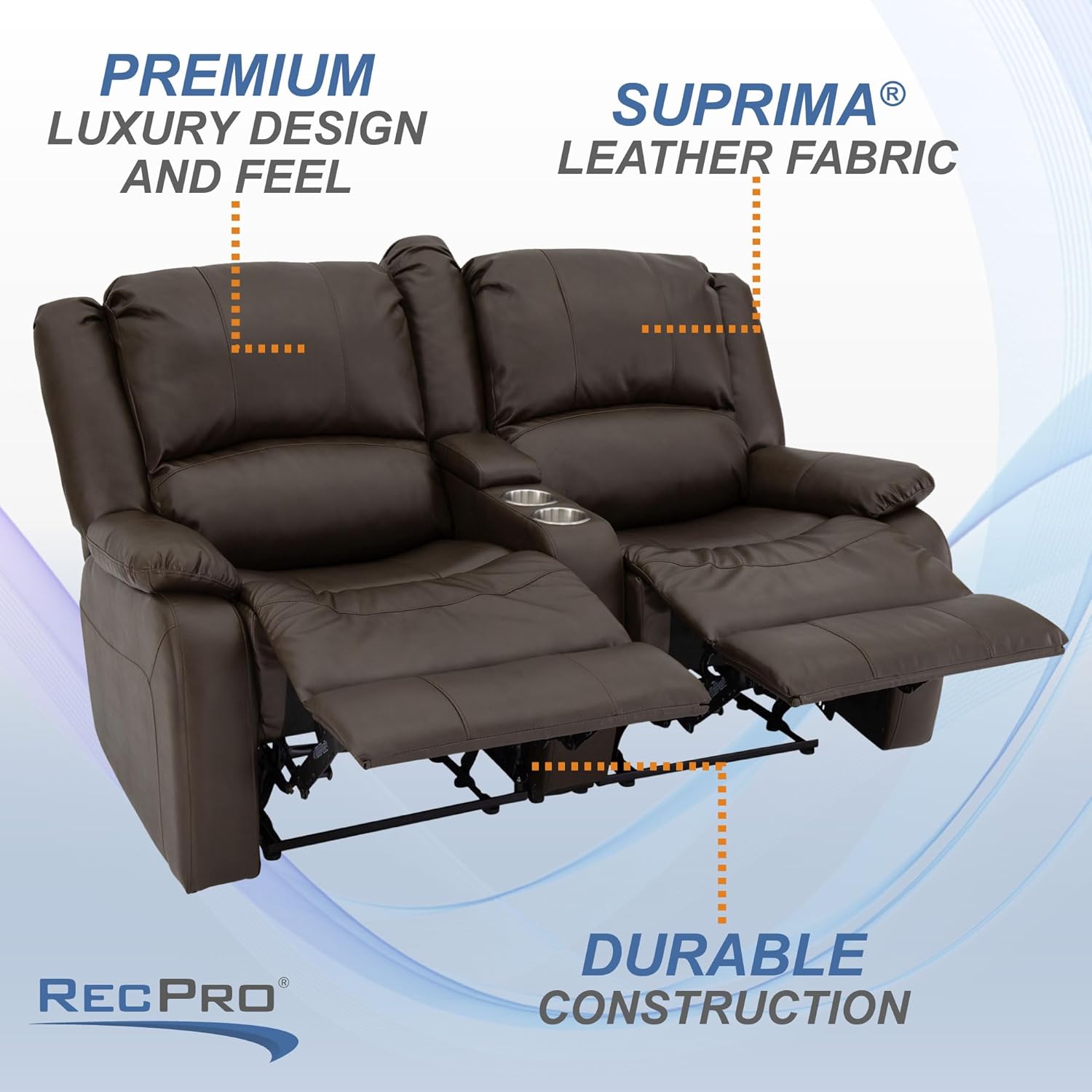 RecPro Charles 64" Double Recliner RV Sofa with Console and Cupholders | Zero Wall Loveseat for Camper | Wall Hugger Couch | Upgraded 2023 Fabric (Chestnut)