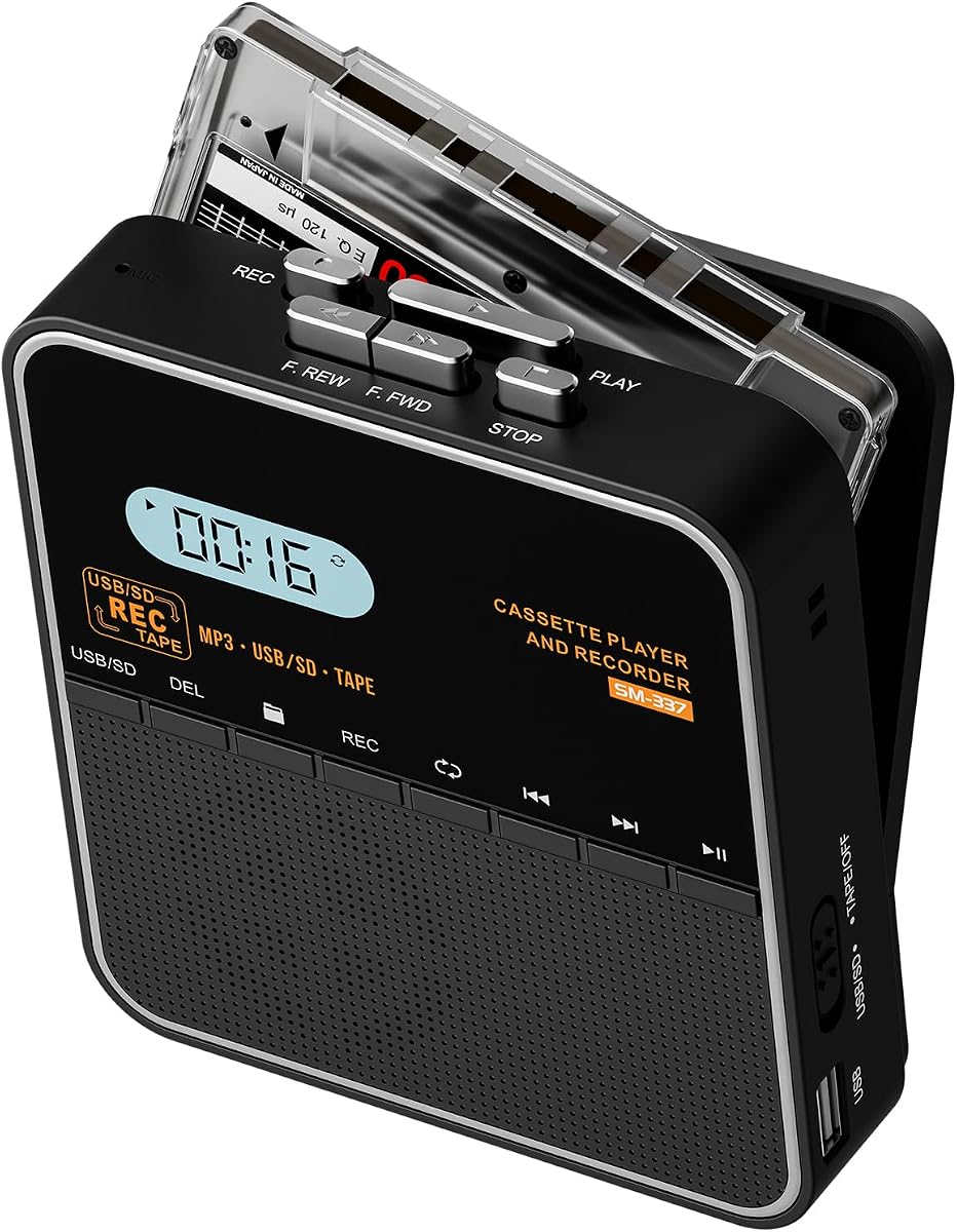 Cassette Tape Player Recorder, Cassette to MP3 Converter, Record to Cassettes/USB/SD Card, LCD Display, Power by USB C or AA Battery, Built-in Speaker, Headphone Jack and Mic