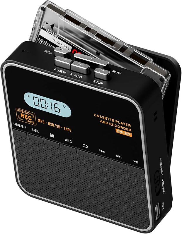Cassette Tape Player Recorder, Cassette to MP3 Converter, Record to Cassettes/USB/SD Card, LCD Display, Power by USB C or AA Battery, Built-in Speaker, Headphone Jack and Mic