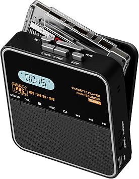 Cassette Tape Player Recorder, Cassette to MP3 Converter, Record to Cassettes/USB/SD Card, LCD Display, Power by USB C or AA Battery, Built-in Speaker, Headphone Jack and Mic