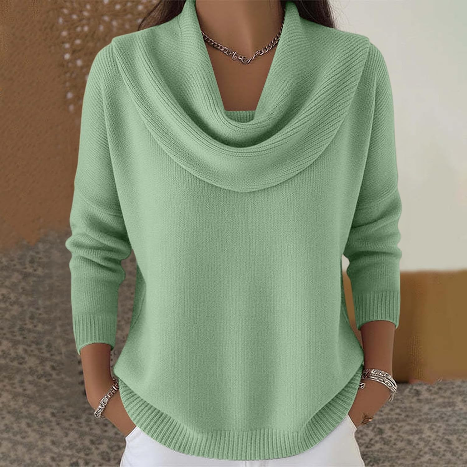 Cowl Neck Sweater for Women Long Sleeve Knit Dressy Casual Loose Cute Sweaters Trendy Vintage Warm Soft Cozy Sweaters - Image 3