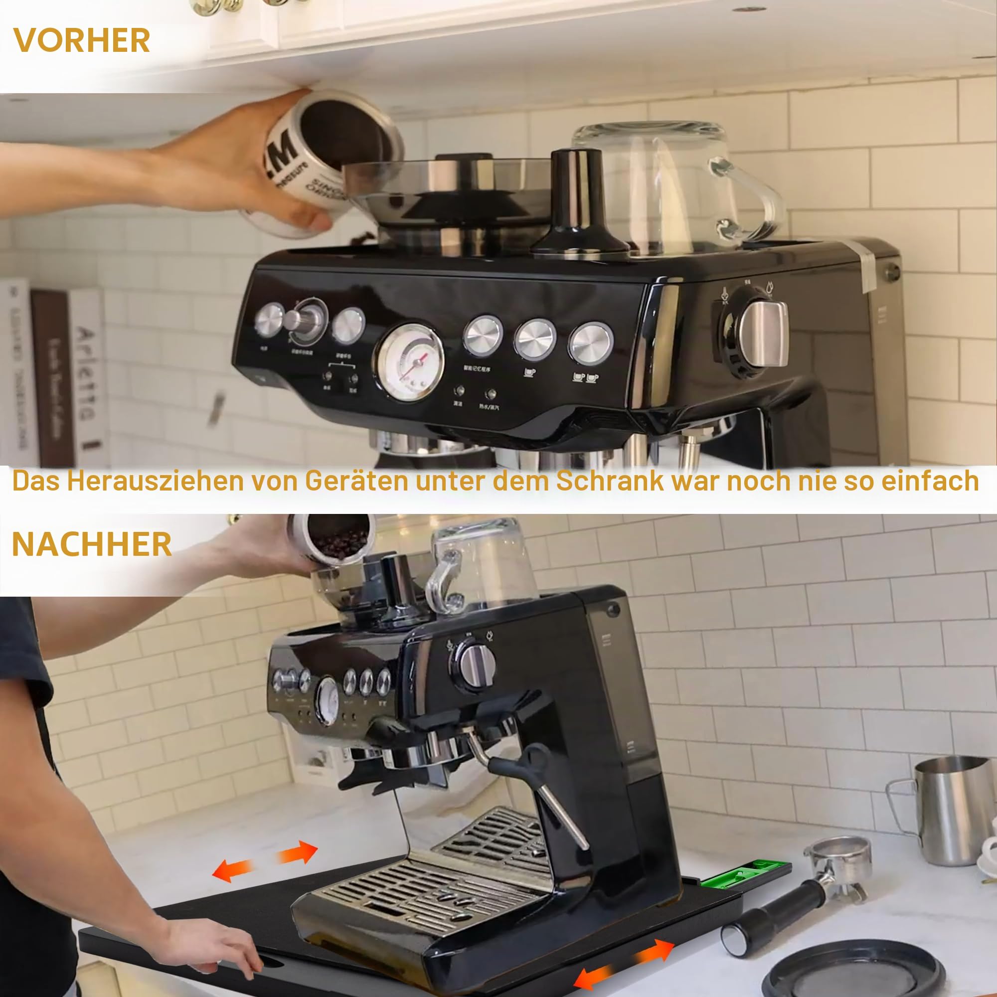 MinBoo Bambus-Geräteschieber, Schiebe-Tablett für Kaffeemaschine, Küchen-Arbeitsplatte, Rolltablett, lässt Sich leicht unter den Schrank schieben, breit, schwarz, groß (40,6 cm B x 33 T)