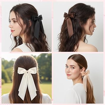 6 PCS Satin Hair Bows for Women, 6 Colors Ribbon Bows with Long Tail, Ribbon Hair Clip for Women Girls Toddler