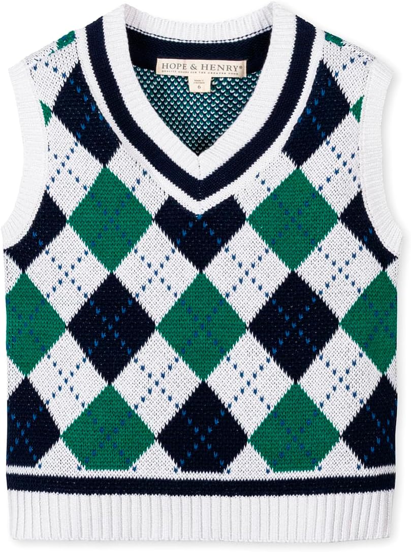 Hope & Henry Boys’ Organic Cotton V-Neck Argyle Sweater Vest – GOTS-Certified Knit Vest with Rib Trim, Pickleball Argyle, Large