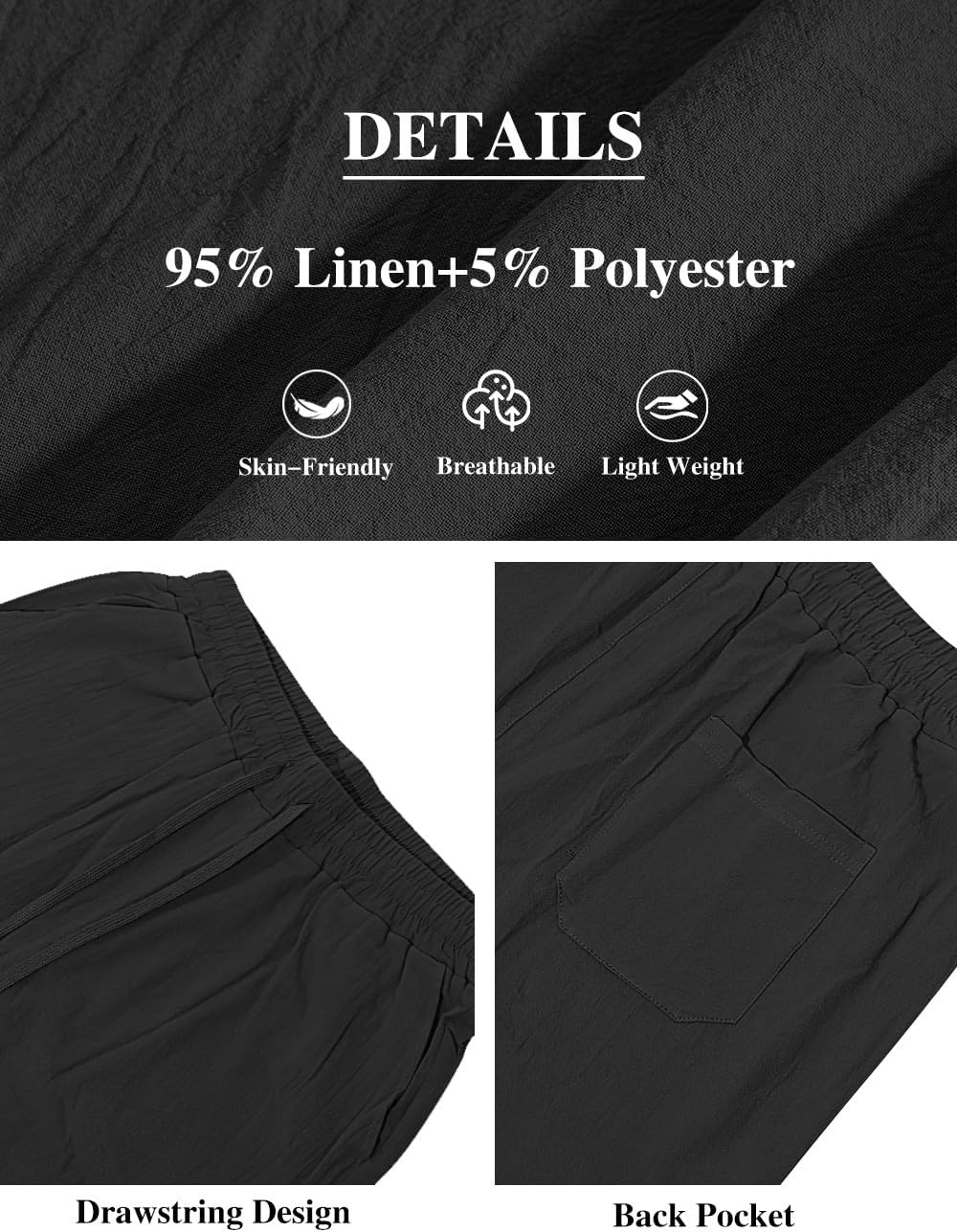 Men's Casual Linen Pants Loose Fit Drawstring Waist Lightweight Men Linen Summer Beach Long Pants Yoga Black - Image 6