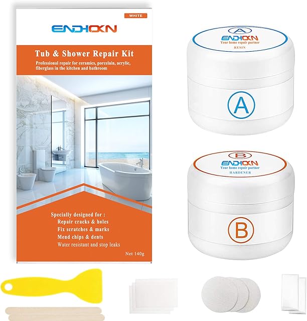 Bathtub Repair Kit White 140g, Endhokn Ceramics Enamel Fiberglass Porcelain Acrylic Repair Kit, Tile Tub Sink and Shower Repair Kit for Scratch, Holes, Cracks