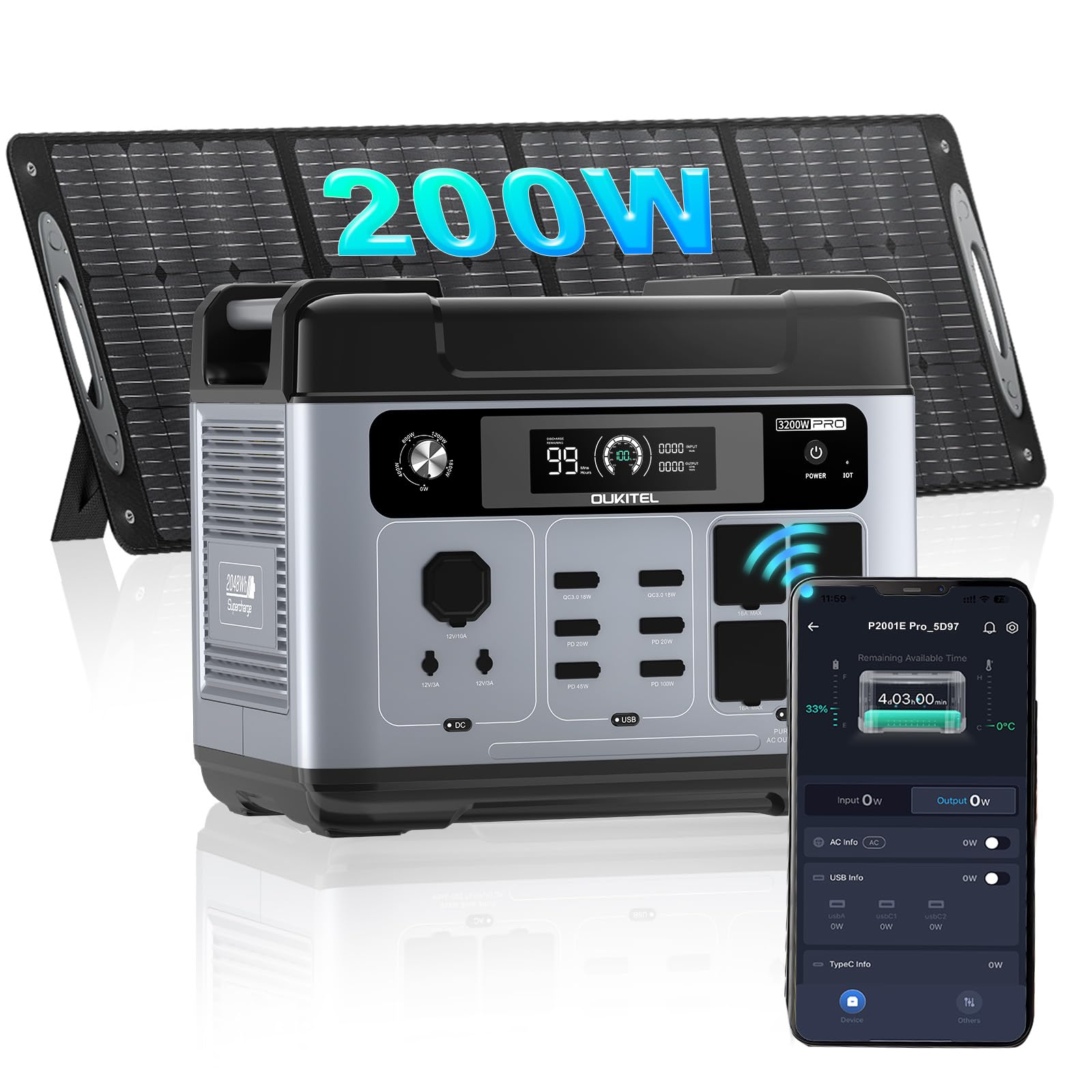 OUKITEL P2001PRO Estación de Energía Portátil 3200W(Máxima 6400W) con Panel Solar 200W, Generador Solar con Batería LiFePO4 2048Wh, con Funda Protectora, Carga Rápida del 100% en 1 Hora