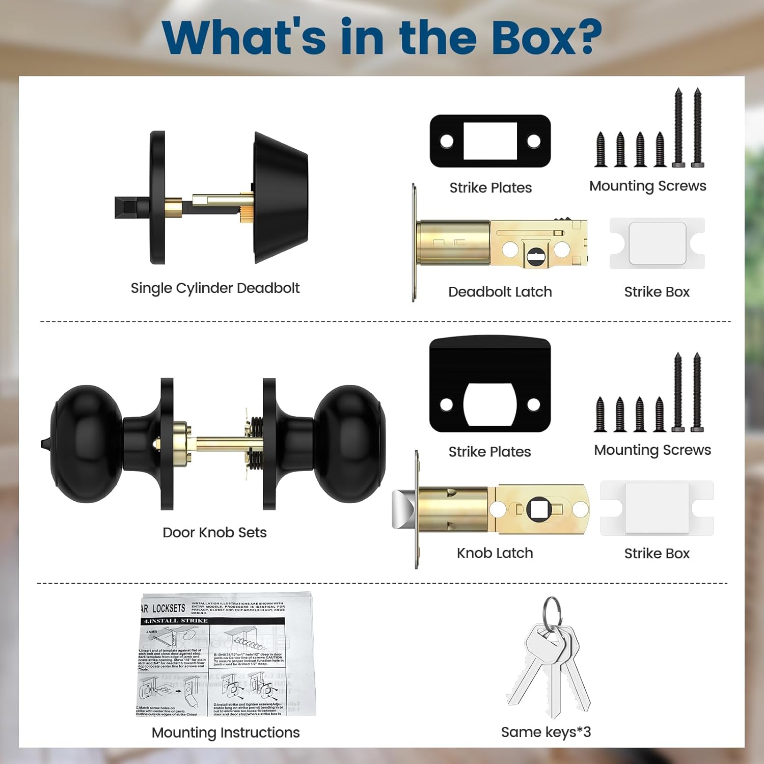 AEEKEL Exterior Door Knob with Lock and Key, 4 Pack Keyed Alike Entry Door Knob for Front Door Lock Set, Matte Black Bedroom Door Knobs with Lock and Single Cylinder Deadbolt Set