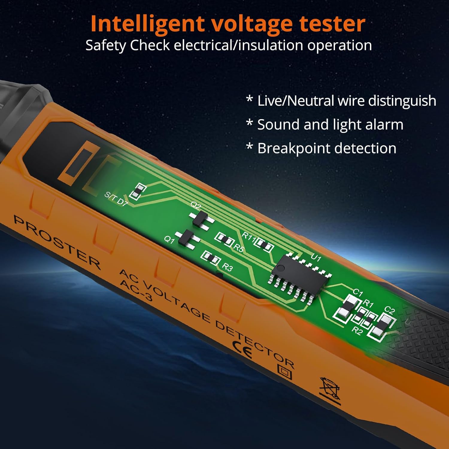 Internal view of the Proster PST224 voltage detector highlighting its intelligent circuitry for safety checks.