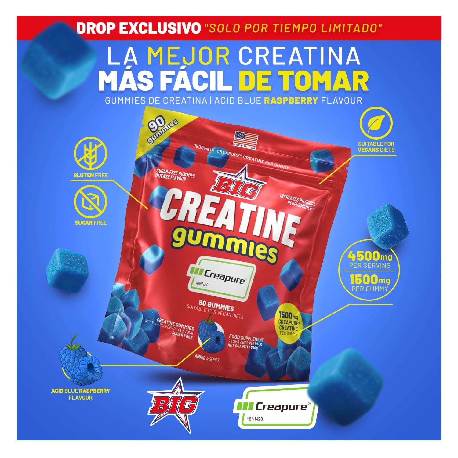 BIG - Gominolas de Creatina Monohidrato Creapure Sabor a Frambuesa Acida, 90 Gummies para Entrenamiento de Fuerza y Masa Muscular, Textura Suave, Megadosis 4.5g por toma (45 tomas)