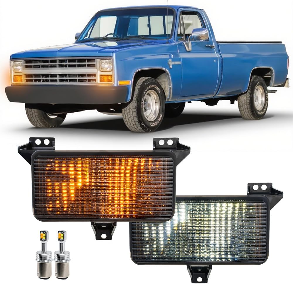 OEM LED Front Turn Signal Lights for 1983-1986 C10 K10 C20 K20 C30 K30 C1500 K1500 C2500 K2500 Trucks Amber Bumper Signal Light White Parking Light Corner Marker Lamps, 2PCS LED Bulbs