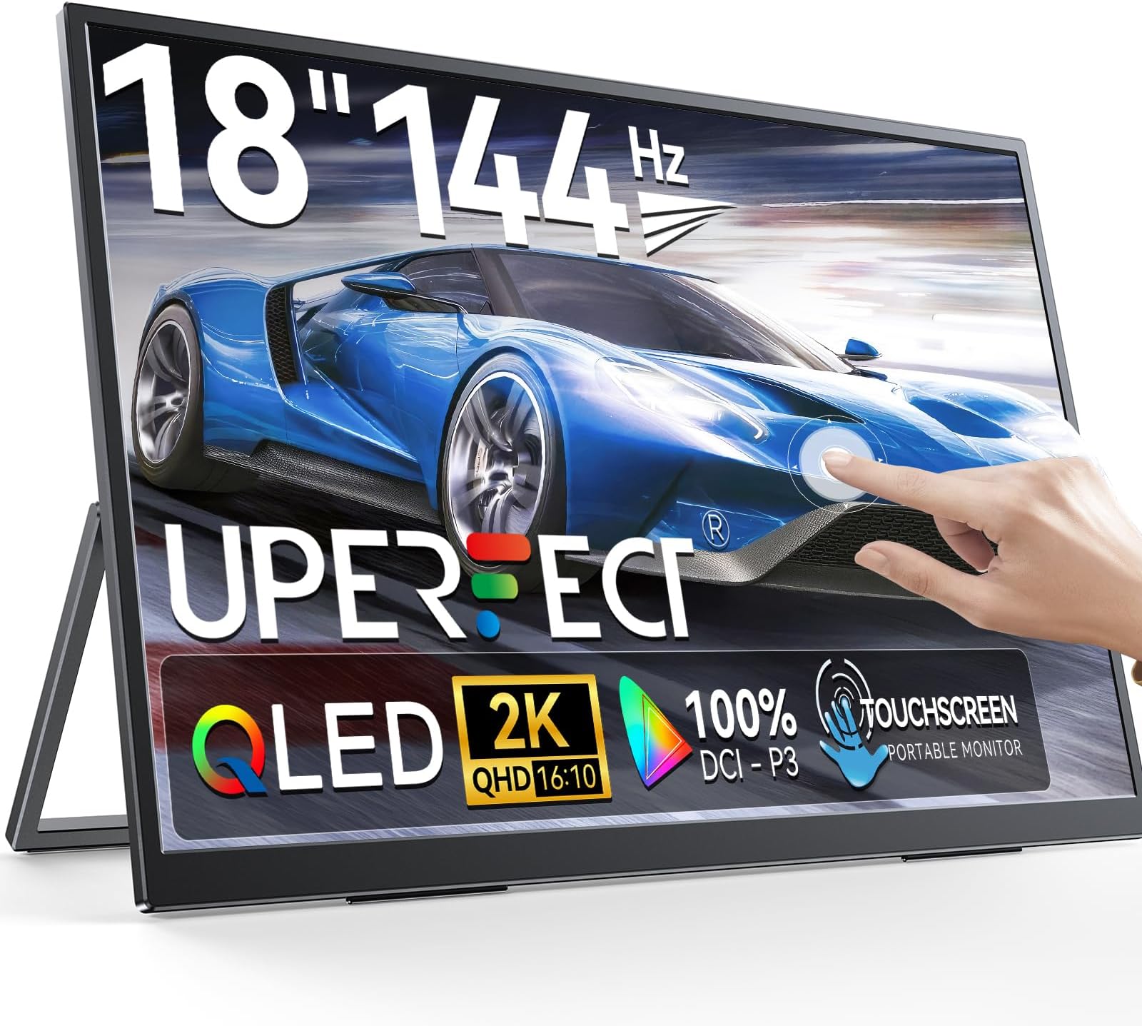 UPERFECT18" QLED Touchscreen Portable Monitor, 2K 2560×1600 QHD 144Hz, 500 Nits, 100% DCI-P3, FreeSync HDR, Slim Frameless Laptop Display w/VESA & 180° Adjustable Stand, Second Screen for PC Phone