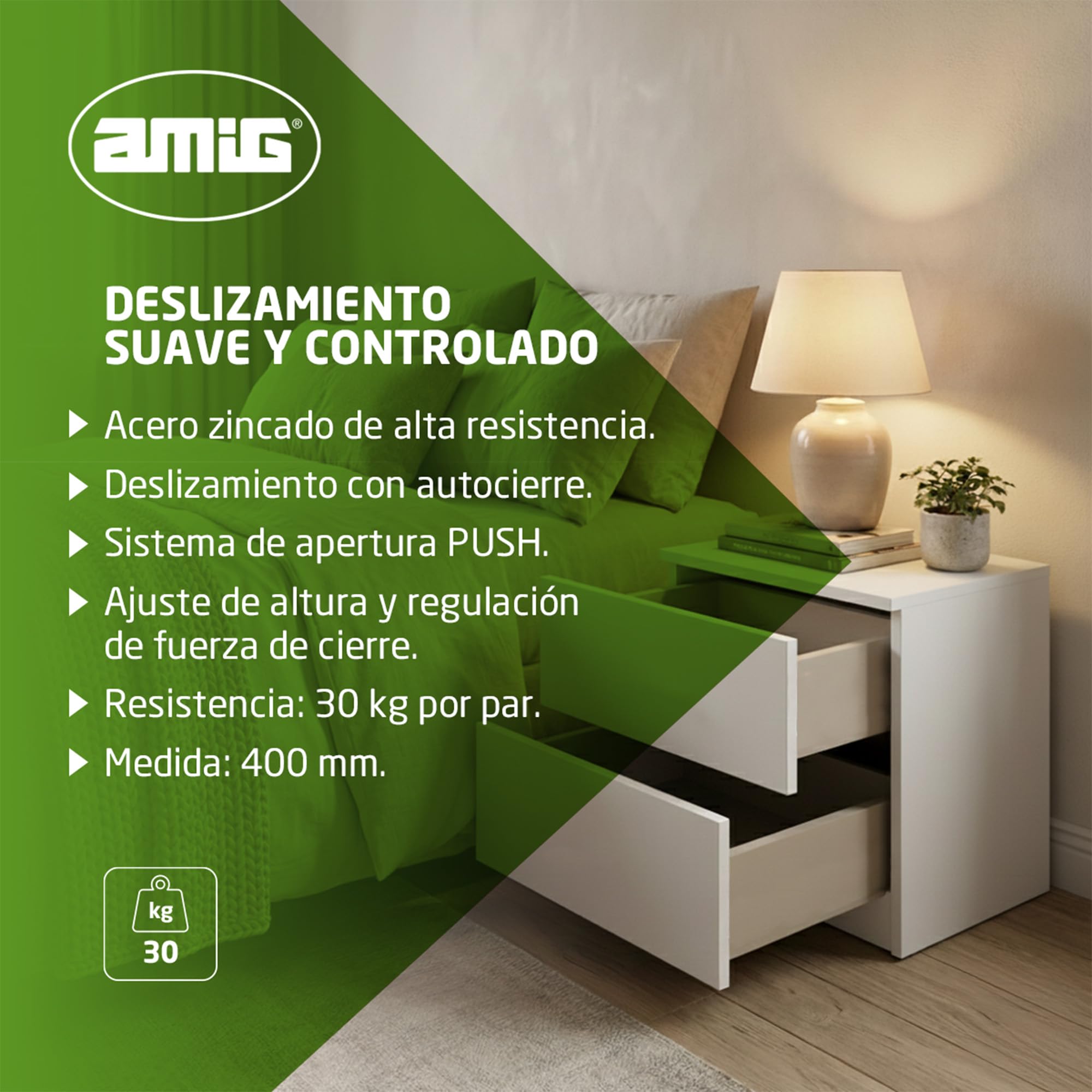 Amig - Juego de 2 guías Correderas Mod.45 de Acero Zincado para Cajones de Muebles, Cajoneras o Armarios, Autocierre y Apertura Push, Resistencia: 25 Kg/Par, Plateado, Medidas: 400 mm