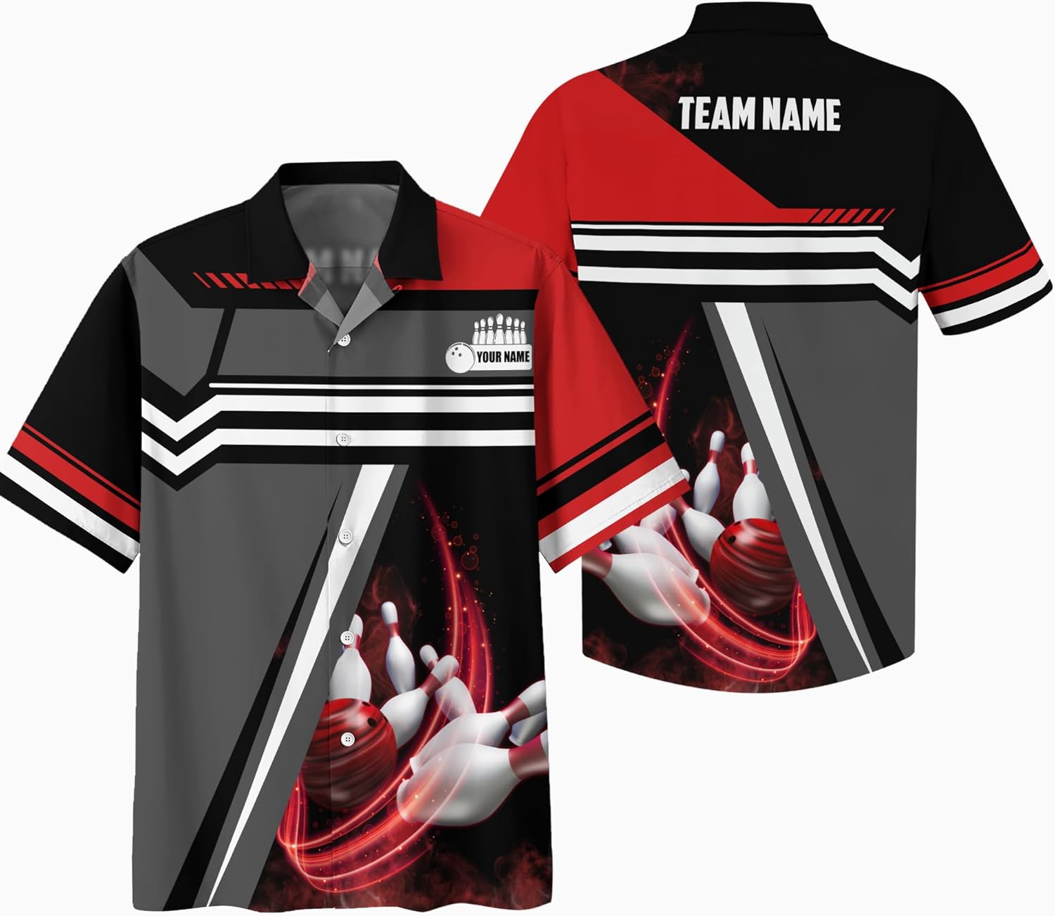 Tropical Bowling Hawaiian Style 3D Button-Down Shirt with Red Bowling Ball Themed Graphic On it for Bowler