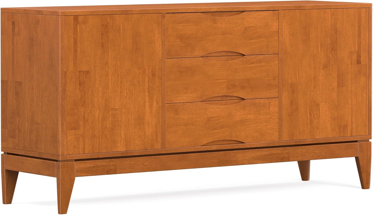SIMPLIHOME Harper Buffet - 60 inch Wide Solid Hardwood 3-Door Sideboard Buffet in Teak Brown, Mid-Century Modern Storage Cabinet for Dining Room or Kitchen with Adjustable Shelves and Tapered Legs