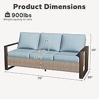 Vista 2 de Joyside Sofá de mimbre para patio al aire libre, sofá de ratán de 3 plazas con cojines gruesos de olefina y reposabrazos rectangular con marco