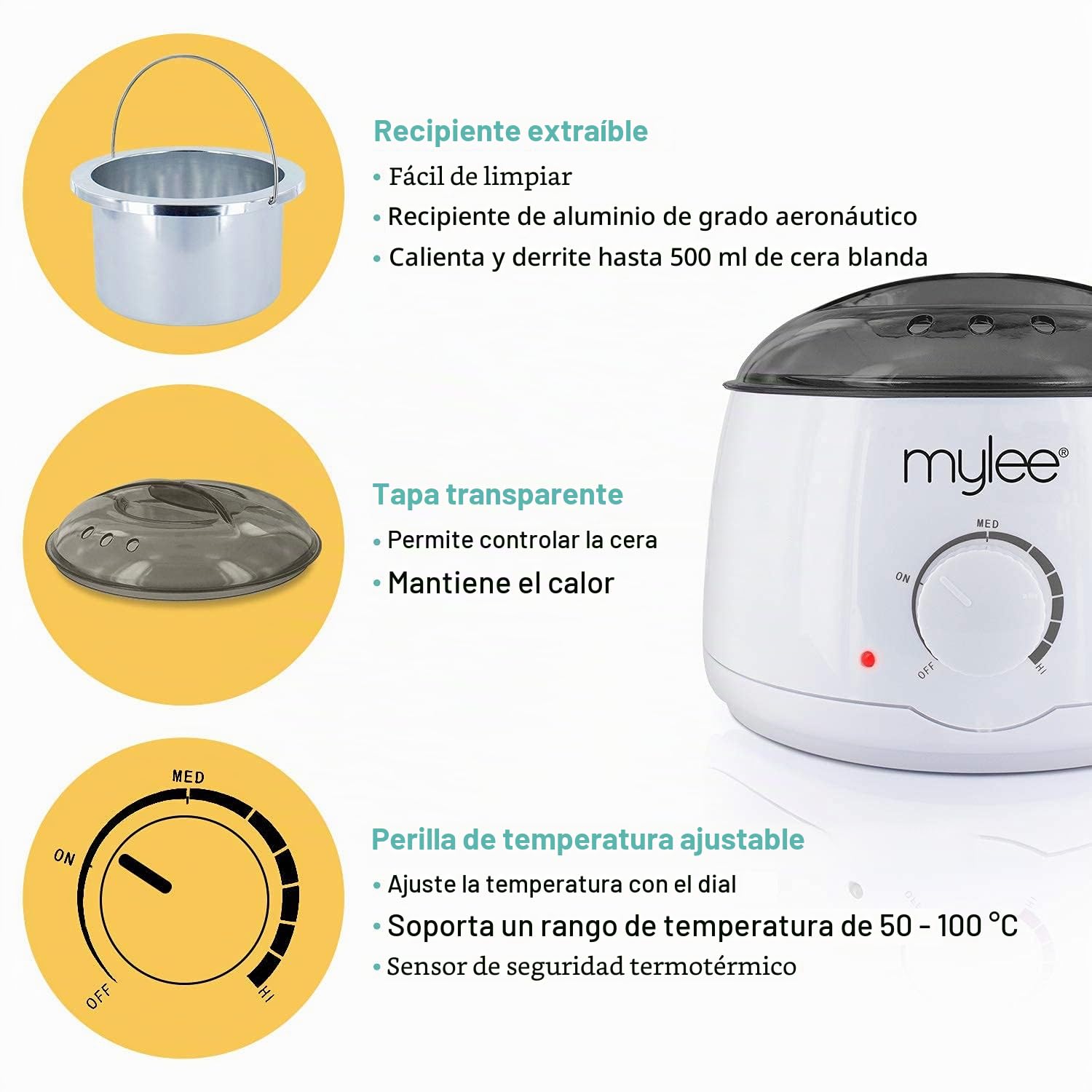 Kit Completo Mylee: Calentador de Cera de Calidad de Salón, Crema Suave, Tiras, Espátulas y Loción de Cuidado Previo y Posterior (Kit + Cera de Rosas)
