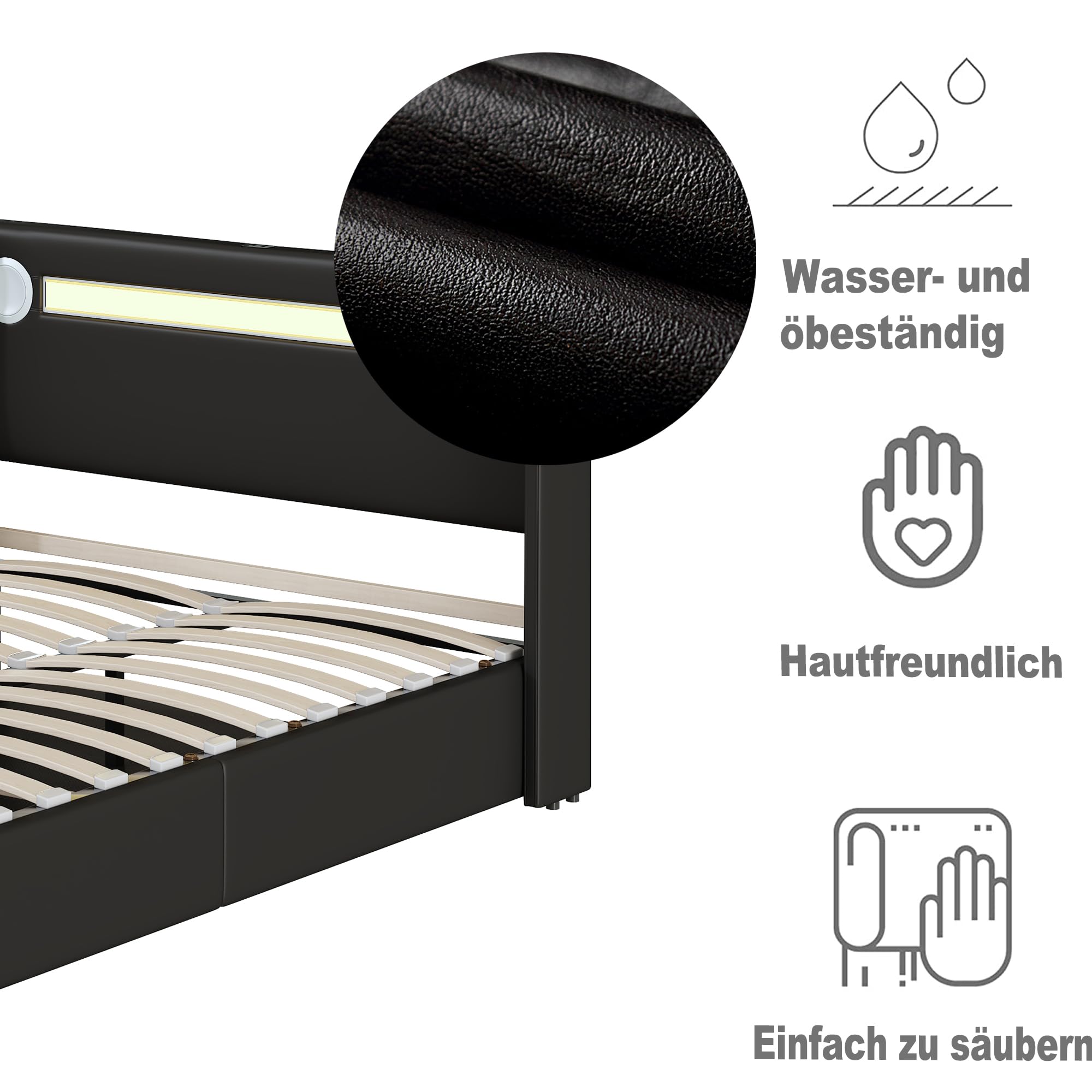 Merax Cama tapizada de 90 x 200 cm con tiras de luz LED, espacio de almacenamiento cama con reproductor Bluetooth y carga USB, para jóvenes, adultos, piel sintética negra (sin colchón)