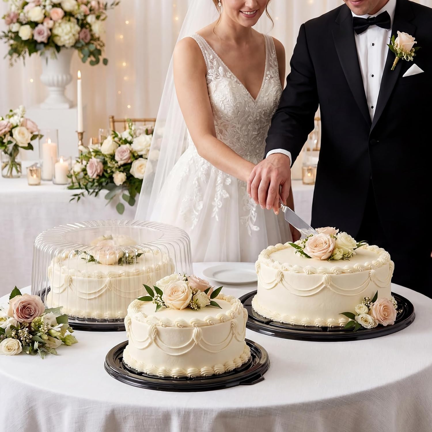 Zhehao 10 Pack Disposable Cake Containers with Lids Sporks 9" 12" Bulk Cake Carrier Boxes Black Plastic Serving Trays Holder with Clear Dome Lids for Sandwich Cookies Fruit Food Catering Transport