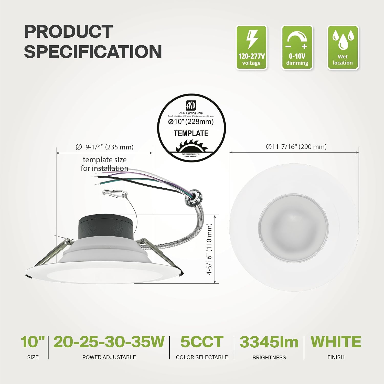 ASD 9/10 Inch Commercial Canless LED Downlight, Power Adjustable 20/30/40W Lighting, Round Dimmable Recessed Ceiling Light Fixture, 5 CCT 2700K-5000K, 120-277V IC Rated UL & Energy Star, 4 Pack
