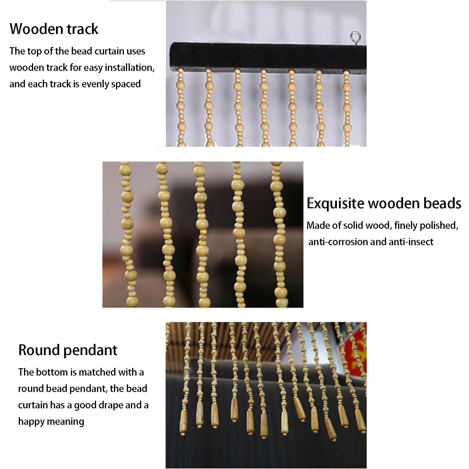 Rideau de perles en bois de bambou naturel, rideau de porte en perles rétro