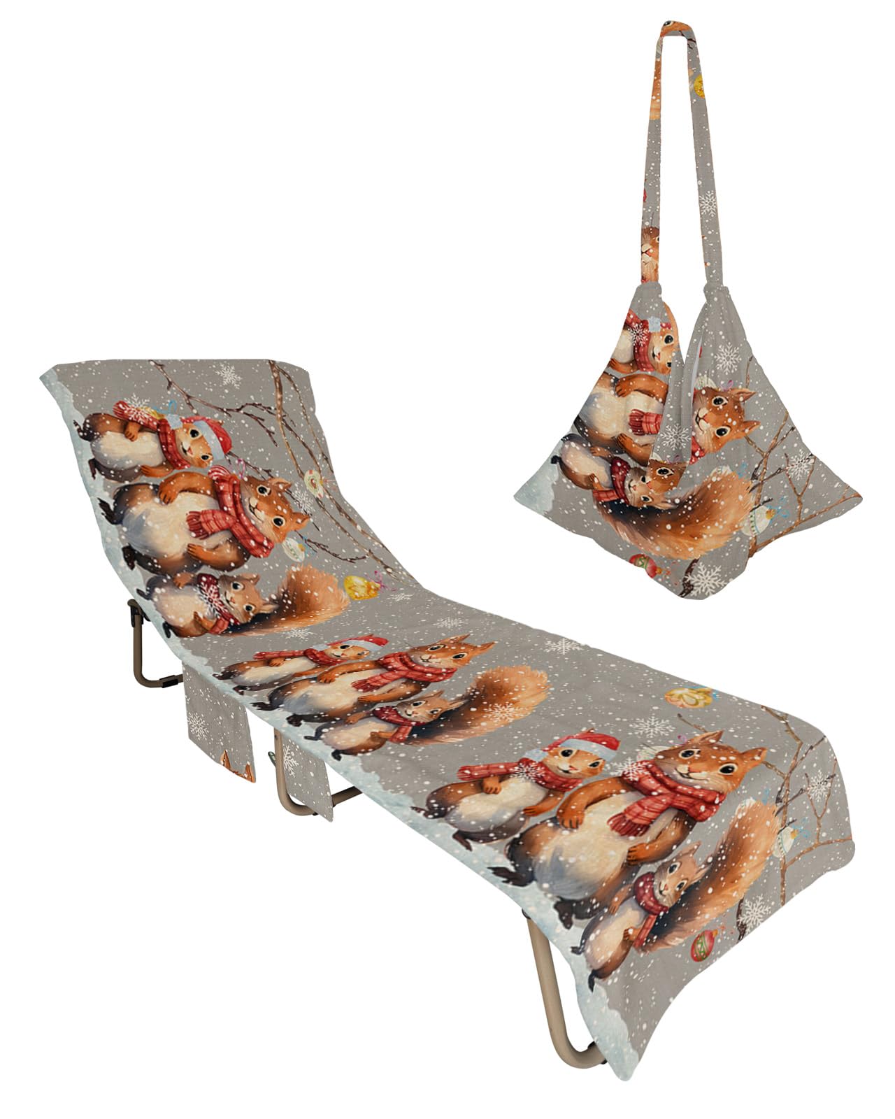 Grey Squirrels Christmas Beach Lounge Chair Towel Cover, Soft Chaise Lounge Towel with Side Pockets Patio Pool Chairs Cover for Beach/Pool Sunbathing 29x85 Xmas Tree Balls Winter Snowflake