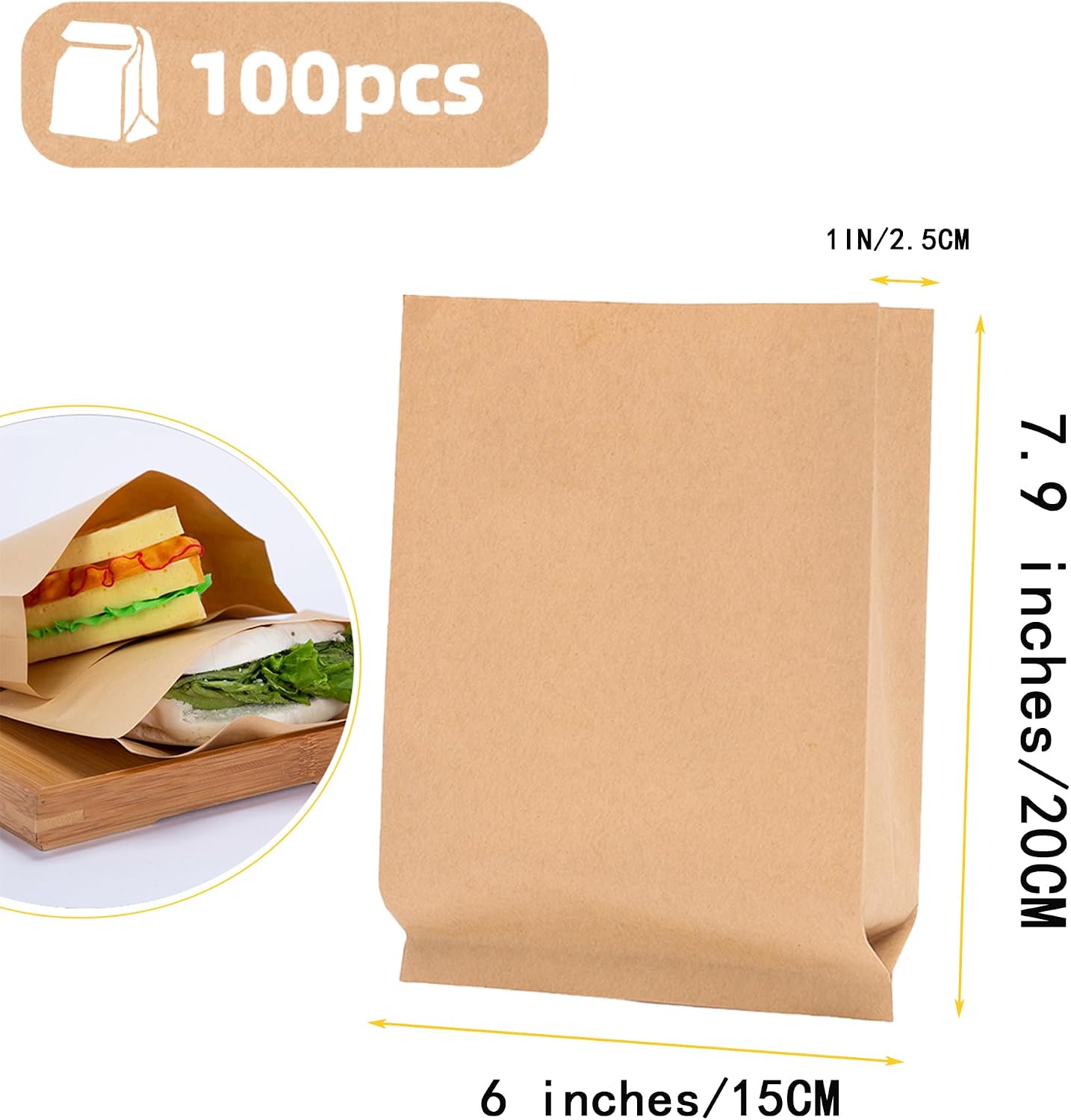 MYUBWTF 100 Pack Breakfast Paper Bags Deli Bags, 8 x 6 inch Kraft Dry Wax Paper Sandwich Bags, Waterproof & Grease-proof Paper Bags image 3