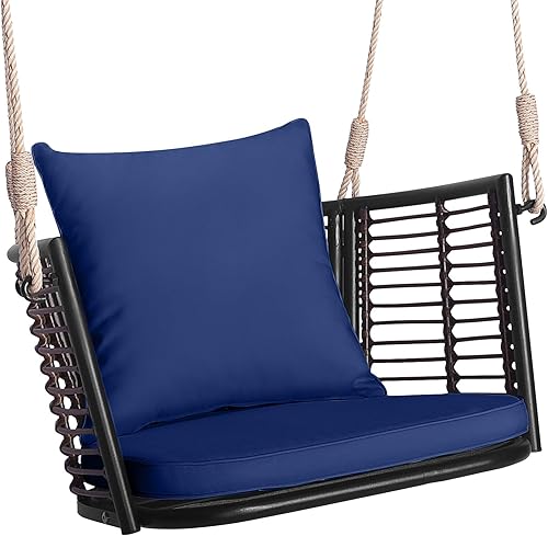 Miniatura 10 de HAPPYGRILL Silla colgante de ratán para porche, hamaca con cojín de asiento y cojín de respaldo, ratán de polietileno, marco de metal resistente,