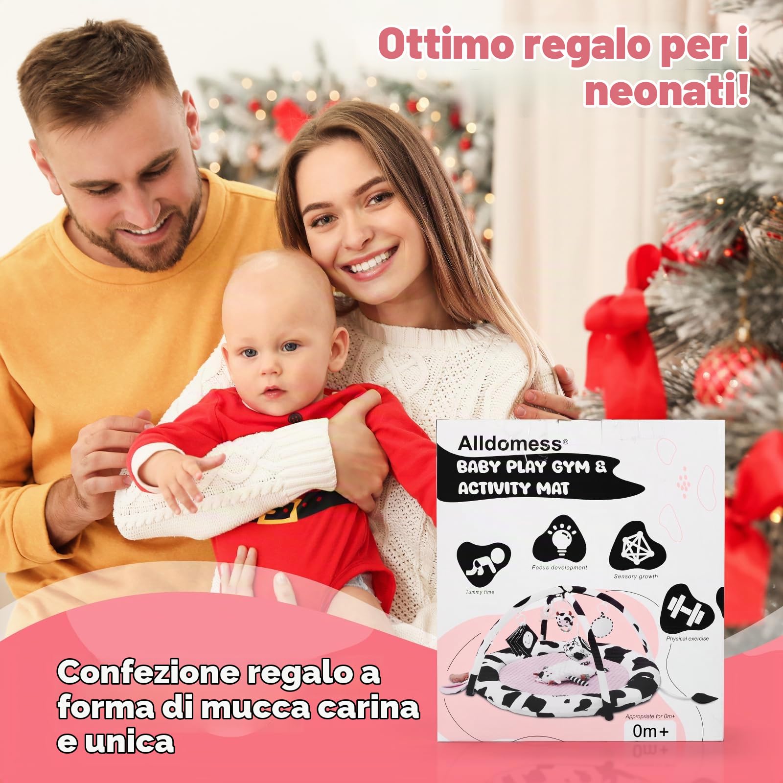 Palestrina Neonate,Vacca Tappeto Gioco Neonate, 3in1 Antiscivolo Addensato | Tappetino per Attività Sensoriali,Arco Di Gioco,6 Giocattoli Rimovibili,Regalo Neonate,0-3-6-9-12 Mesi