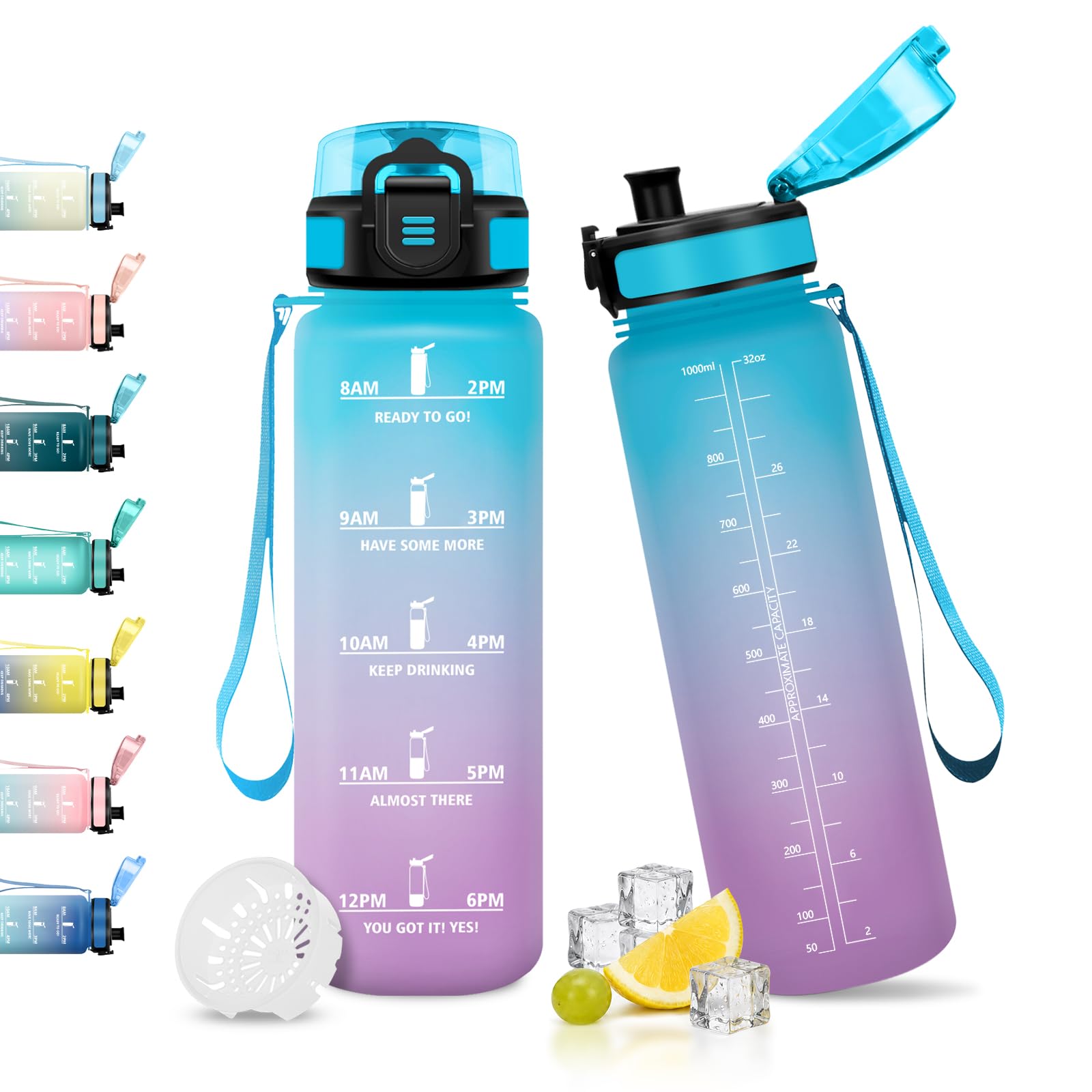 JAPORIA 1L Motivational Water Bottle with Filter BPA-Free Leak-Proof Water Bottle for Yoga Travel Gym Camping