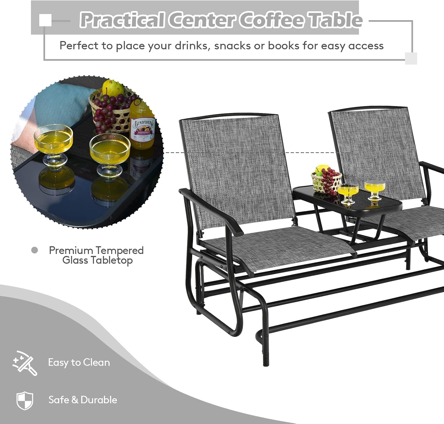 S AFSTAR 2-Person Outdoor Glider, Patio Glider Bench Chairs with Center Tempered Glass Table & Breathable Loveseat, Double Swing Glider Chair for Porch Garden Poolside Balcony Lawn (Gray)