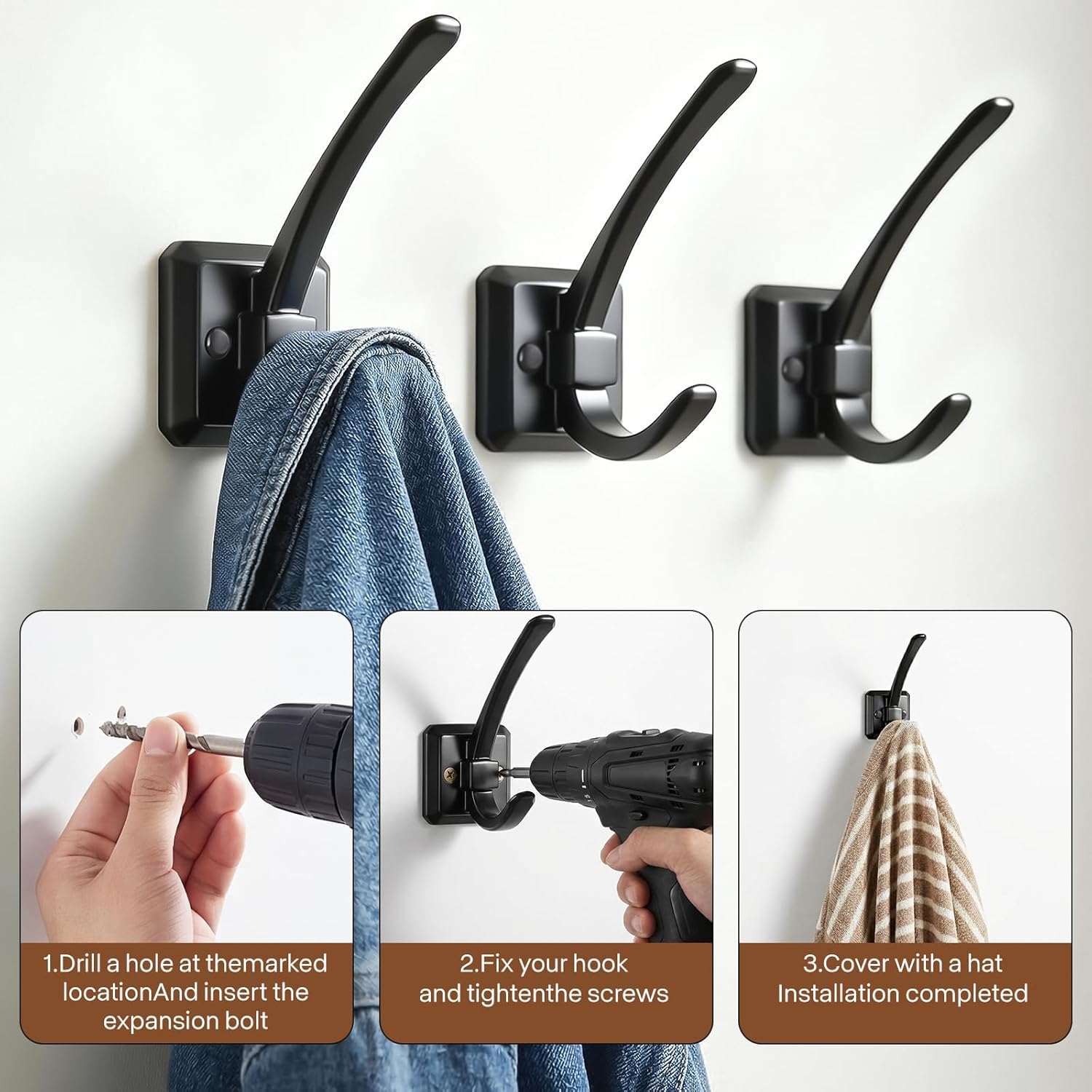 Black Towel Hook 4 Pack Coat Robe Hook Heavy Duty Metal Double Bathrobe Hook，Black Towel Hooks for Bathrooms Kitchen Closet Garage (689black, 2)"