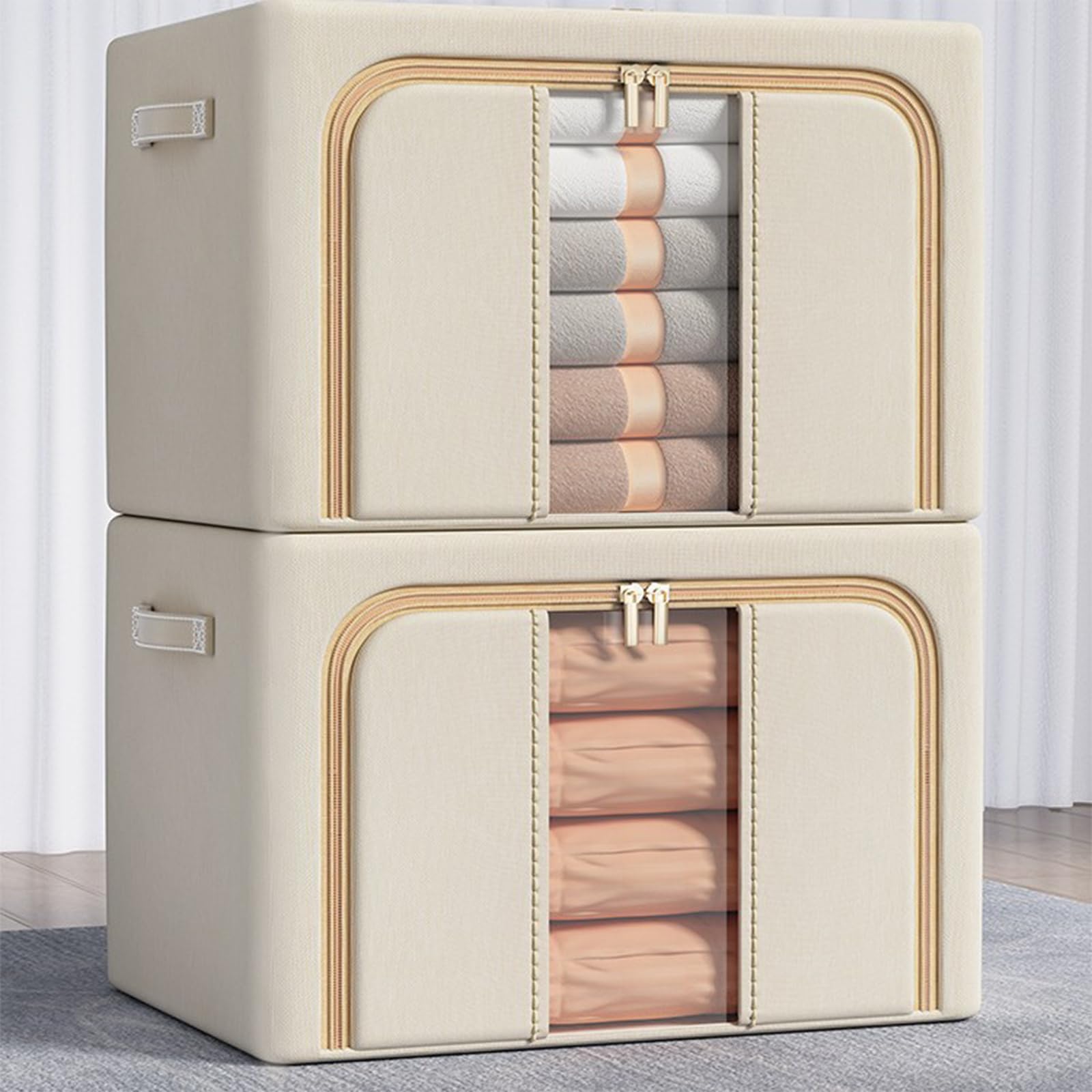 Aufbewahrungsbox mit großem Fassungsvermögen, Faltbare Kleiderbox mit verbreitertem Griff, feuchtigkeitsbeständig und staubdicht, geeignet für Steppdecken, Decken, Bettwäsche (Fensterlos Khaki, 24L)