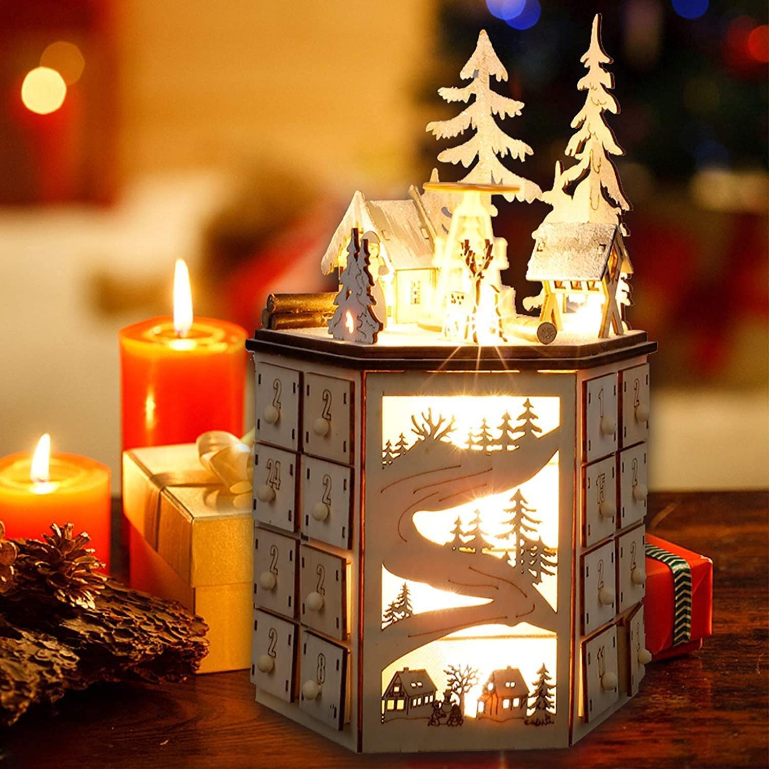 Amazon.co.jp: クリスマス木製アドベントカレンダーデコレーション LED