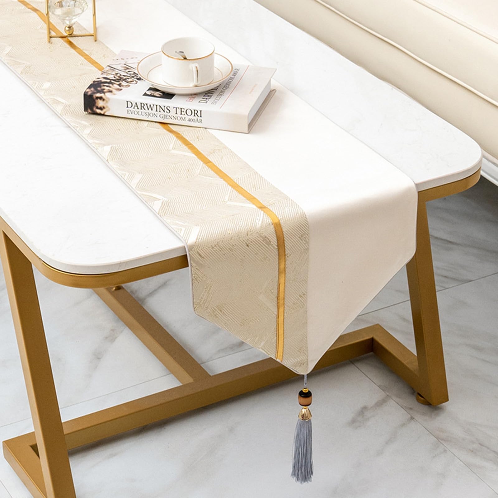 Camino de mesa moderno de poliéster de 260 cm de largo, color liso, patrón de ondas con borlas, mantel para fiestas de té y uso diario, beige, 33 x 260 cm