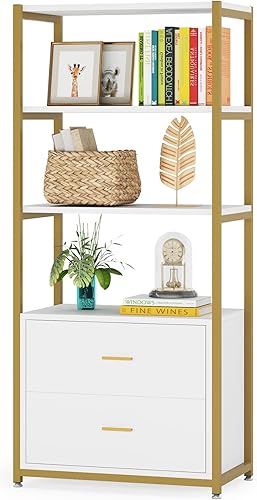 Miniatura 9 de Tribesigns Estantería, Estantería de 4 Niveles con 2 Cajones, Etagere Estantes Estándar para Libros Estante de Exhibición para Oficina en Casa
