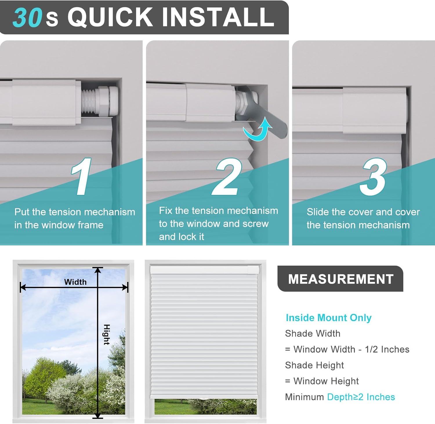 Changshade Custom No Drill No Tools Cordless Cellular Shades Light Filtering, 1.5” Honeycombs Blinds for Window, Room Darkening Cellular Shades, Thermal Insulated Blinds for Indoor Windows, Blue
