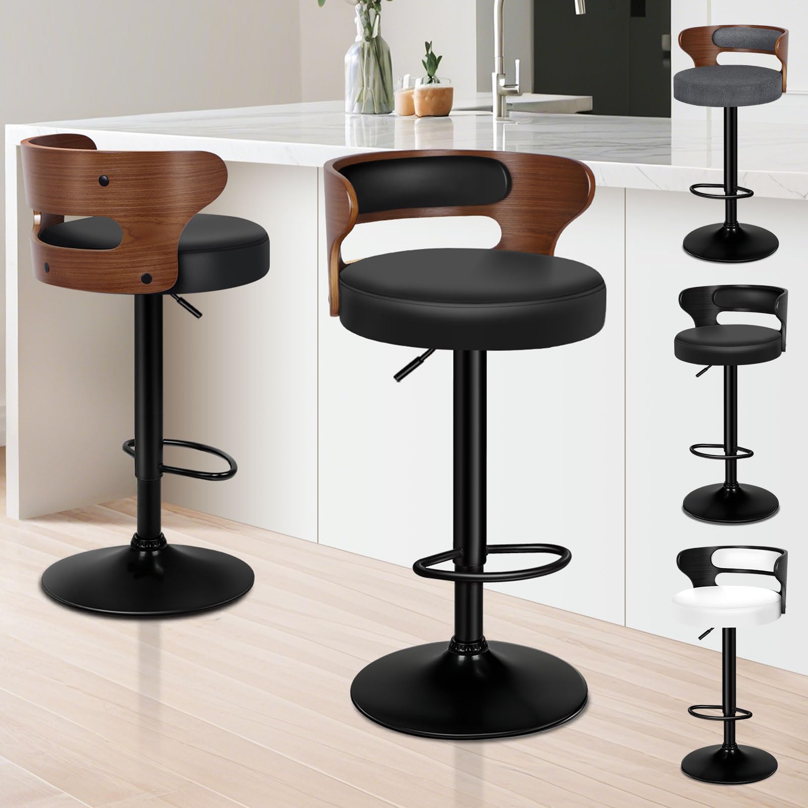 ALFORDSON Bar Stools Set of 2, Comfy Barstools PU Leather, 360° Swivel Wooden Kitchen Chair with Backrest and Footrest, for Dining Room Pub Bar Countertop, Ramiro Series, Black