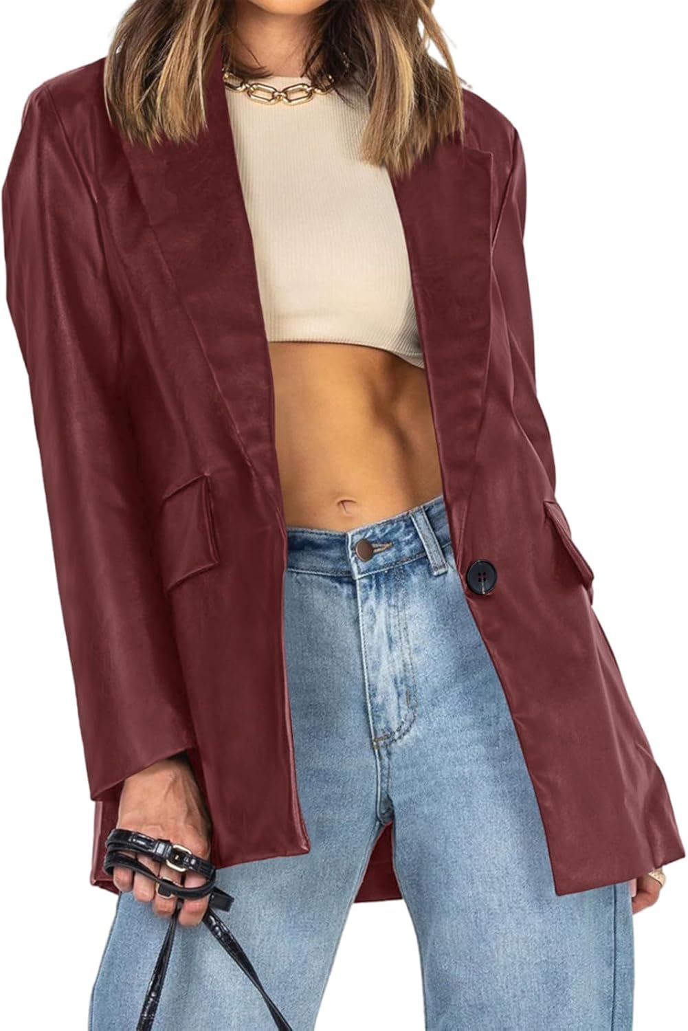 Womens Oversized Long Sleeve Faux Leather Blazer Lapel Button Down Leather Jacket Shacket Coat with Pockets Burgundy