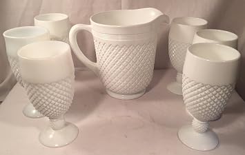 Glass Water Pitcher Set - Addison Pattern - American Made - Mosser Glass USA 7 Piece Set, Milk Glass