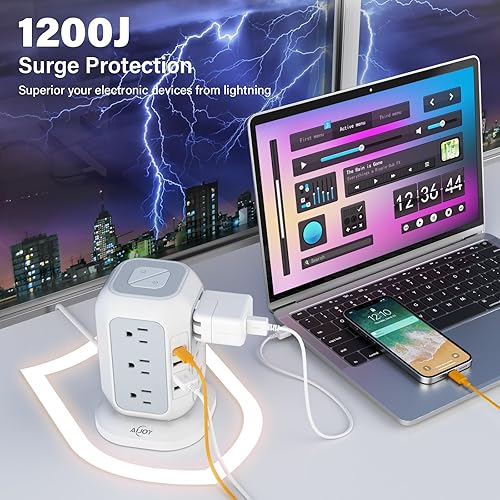 Vista 10 de AiJoy - Torre de regleta de alimentación USB C, protector de sobretensiones con 12 salidas de CA y 4 puertos USB, cable de extensión AiJoy de 10