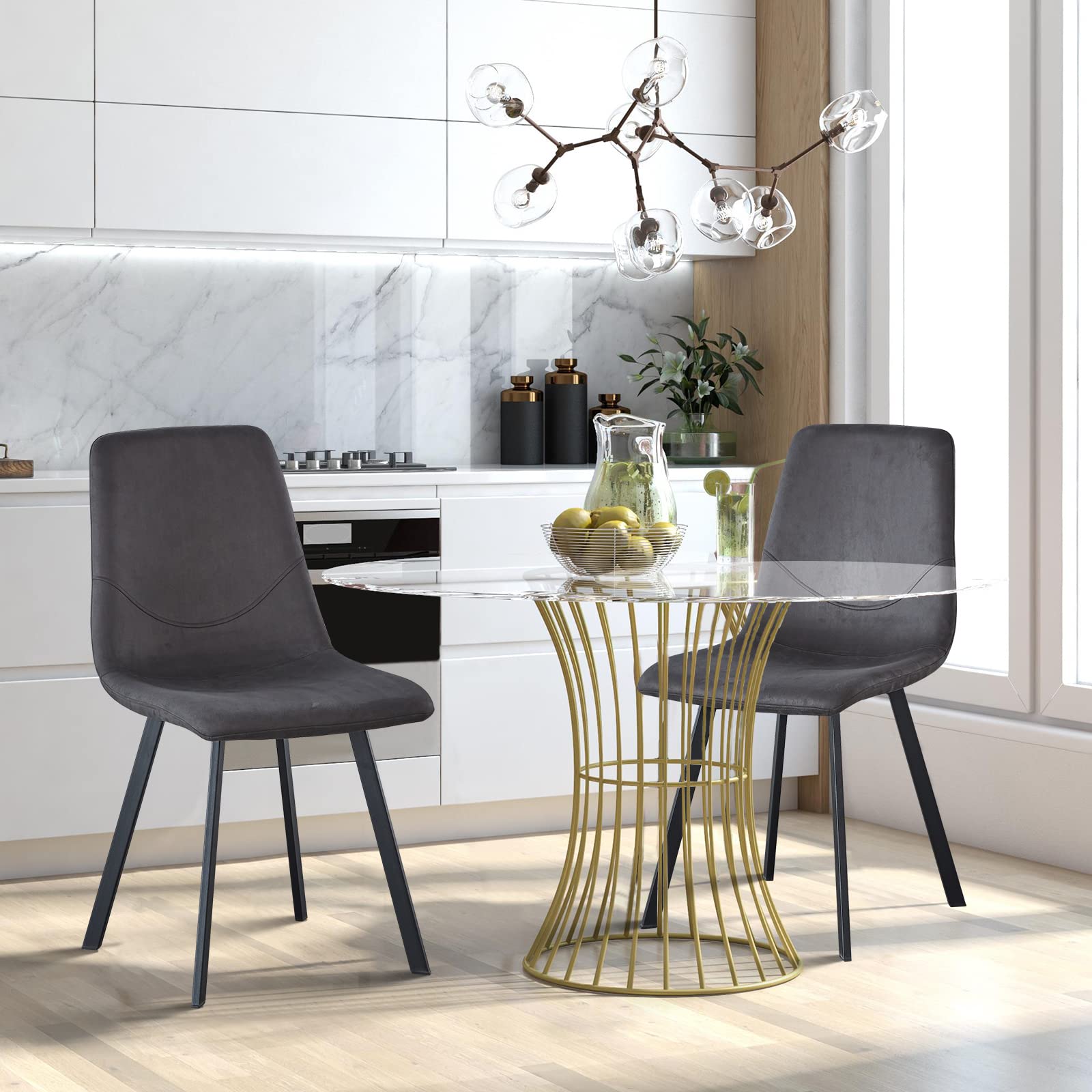 GURLLEU Grey Dining Chairs Set of 2, Upholstered Leather Mid Century Modern Dining Chair, Modern Industrial Kitchen Dining Room Chair with Metal Legs for for Restaurant, Living Room Waiting Room