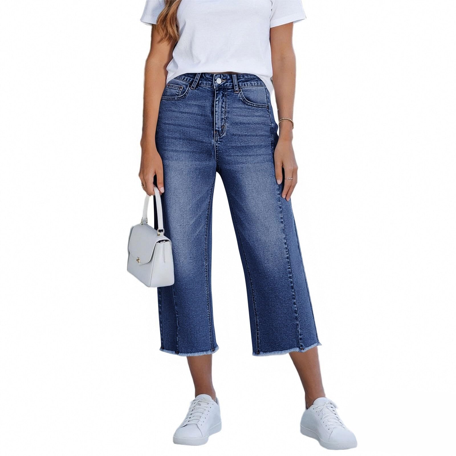 Jeanshose Damen Caprihose Denim Culotte Hose Hohe Taille Mit Fransen Saum