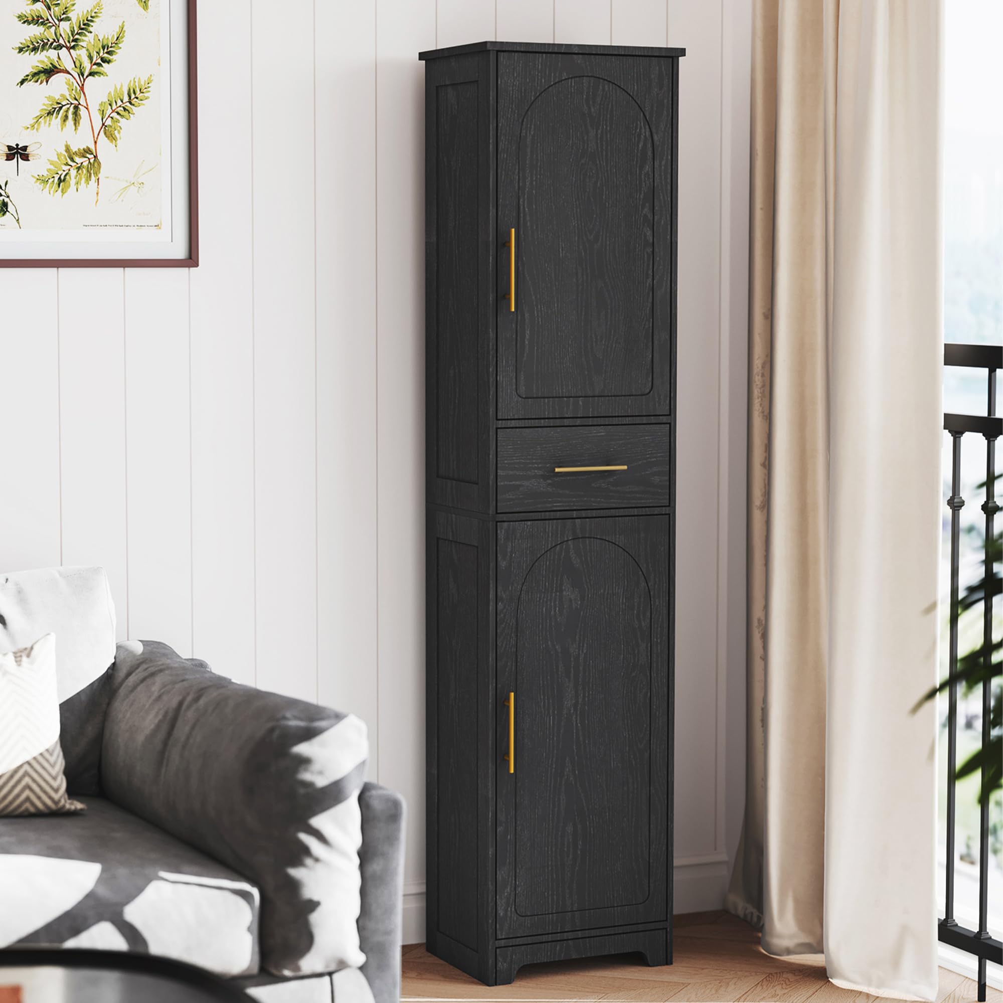 Hzuaneri Mueble de Baño, Armario Almacenaje con 1 Cajones y 2 Puertas, Estante Regulable, Armario Alto y Estrecho, para Salón, Dormitorio, Cocina, Pasillo, Negro SC18304X