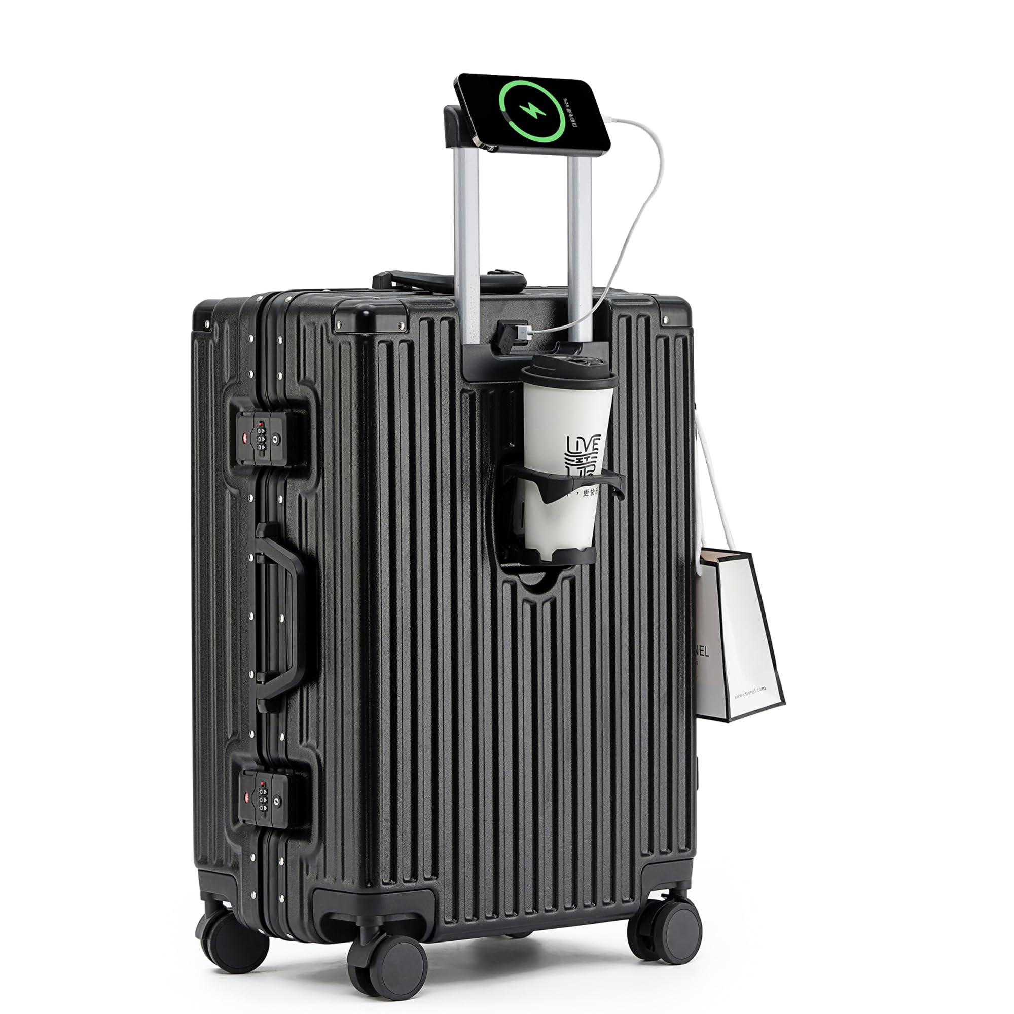 Piccola valigia espandibile bagaglio a mano valigia in alluminio Chiusura TSA incorporata con porta USB,Nero,20in